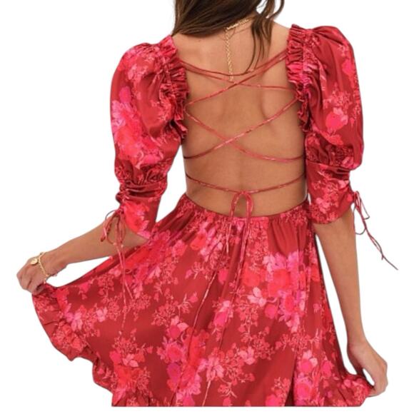 For Love & Lemons Red Alia Sultry Swing Seductive Dress Size Med NWT Floral - Picture 2 of 10